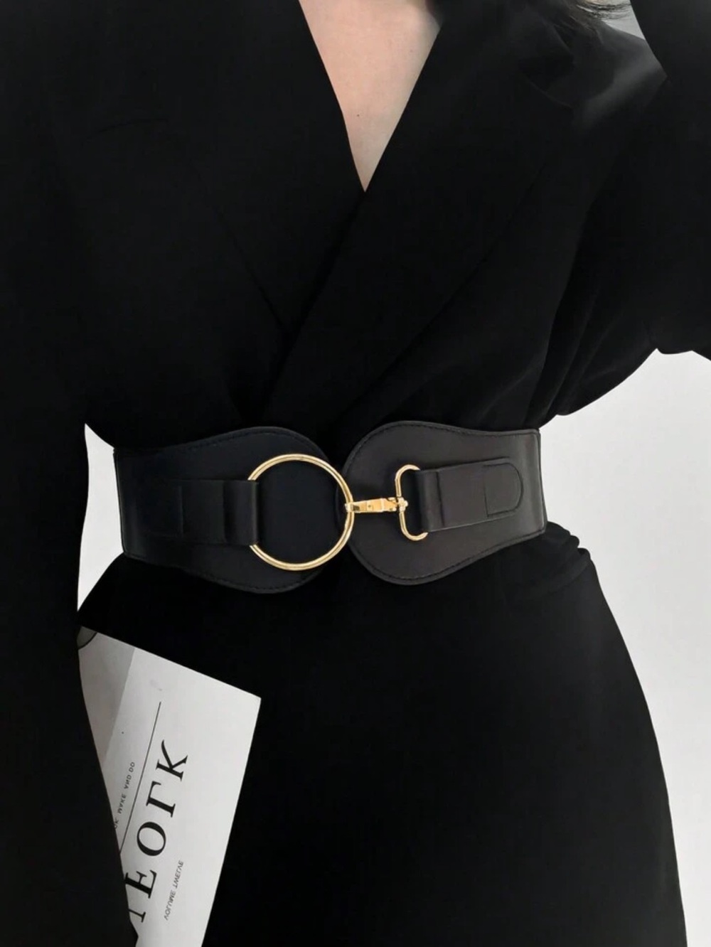 Black Wide Waist Belt with Gold Ring Buckle